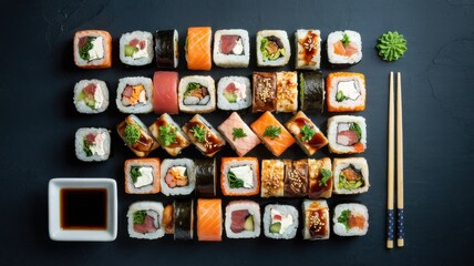Promotional photo of sushi rolls, beautifully decorated on a dark gray background. The composition, complemented by a dish with soy sauce and chopsticks, gives an unforgettable culinary experience.