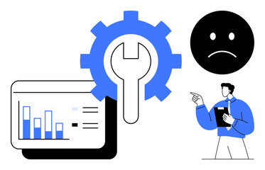 Bar chart analysis with gear and wrench for fixing issues, unhappy face icon, and a pointing professional character. Ideal for teamwork, troubleshooting, error handling, data repair, system updates