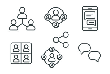 Line style icons of social media: social connection icon, user network badge, comment thread screen, share icon layout, friends grid card, social circle map, conversation interaction path.