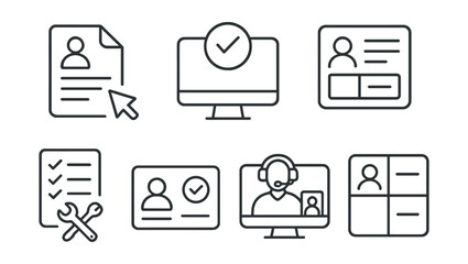 Line style icons of remote work: onboarding icon, welcome screen badge, role overview layout, company tools checklist, access granted card, virtual orientation session, HR starter panel.