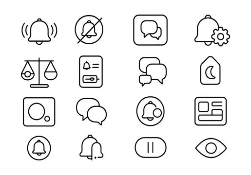 Line style icons of humane notifications and mindful alerts: gentle ping icon, low-frequency alert badge, no red dot tile, silent mode bubble, notification balance chart, smart alert control, batch