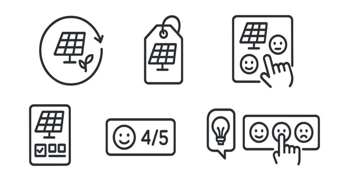 Line style icons of sustainable energy: sustainability feedback icon, system rating tag, energy satisfaction survey, user experience form, clean energy feedback card, reaction score board, suggestion