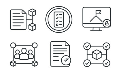 Line style icons of project management: blockchain log icon, task chain tracker badge, immutable milestone screen, smart contract status card, decentralized team record layout,