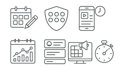 Line style icons of social media: content planning calendar, weekly post planner badge, story release timeline, monthly engagement chart, post queue layout, campaign schedule screen, auto post timer.