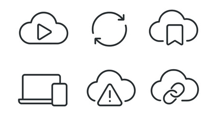 Line style icons of social media: cloud-based media icon, post sync badge, saved draft in cloud, cross-device content symbol, storage limit alert, cloud share link icon.