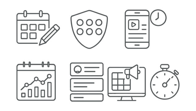 Line style icons of social media: content planning calendar, weekly post planner badge, story release timeline, monthly engagement chart, post queue layout, campaign schedule screen, auto post timer.