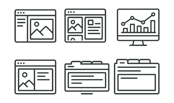 Line style icons of social media: desktop app layout, widescreen feed view, analytics on monitor screen, media dashboard in browser, full-width content panel, multi-tab social display, large post