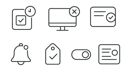Line style icons of remote work: task reminder icon, overdue badge screen, weekly nudge card, follow-up alert bell, next action item tag, snooze option toggle, daily ping layout.