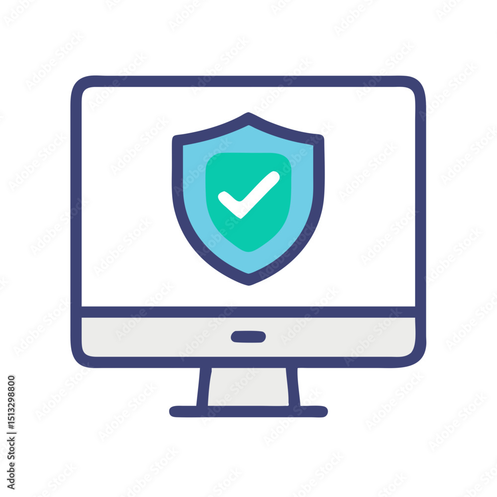 Poster computer monitor displaying security shield with check mark on white background