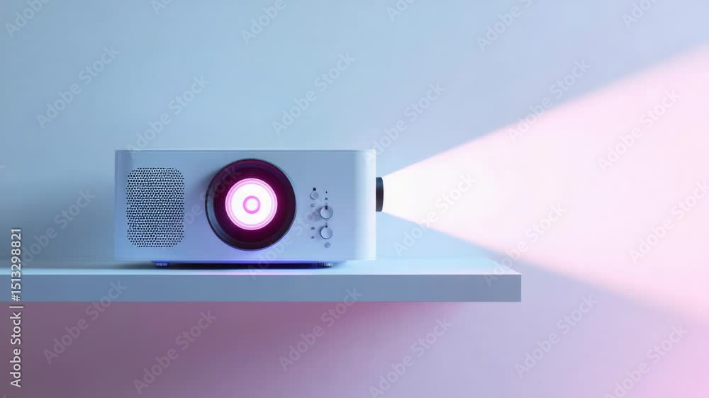 Poster a projector sitting on a white shelf, ready to display an image or video