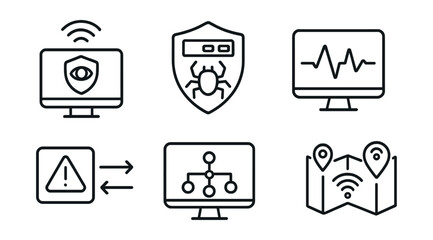 Line style icons of cybersecurity and privacy: real-time monitoring icon, live threat dashboard badge, anomaly detection screen, system pulse panel, alerts in motion card, network watch layout,