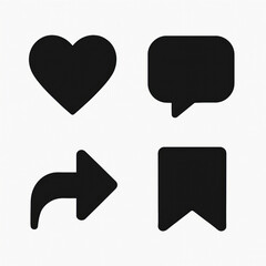 Social Media Engagement Icon Set: Heart Like, Comment Bubble, Share Arrow, and Bookmark Symbols for Interaction, Feedback, and Saving Content Online
