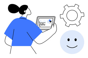 Fototapeta na wymiar Person holding tablet with charts, gear symbolizing process optimization, and a smiling face for user satisfaction. Ideal for tech management, productivity, data analysis, software tutorials, user