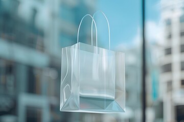 transparent shopping bag with subtle branding floating in air, product showcase background 
