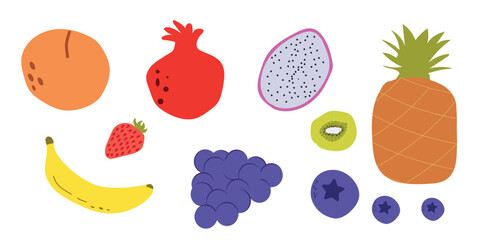 Fruit and berry set simple hand drawn stile. pineapple, peach, grape, pomegranate, blueberry, kiwi, banana, strawberry, dragon fruit. Collection for summer vacation design. Vector illustration