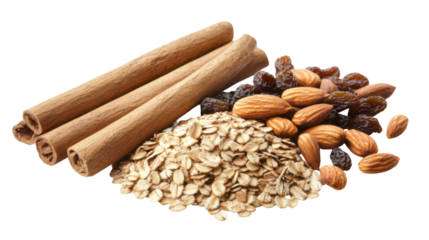 Natural Ingredients Including Cinnamon Sticks, Oats, Almonds, and Raisins on Transparent Background