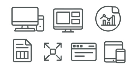 Line style icons of business innovation: desktop workspace icon, monitor layout view, multi-tab analytics badge, file navigation panel, full-screen mode toggle, control ribbon bar, responsive setup