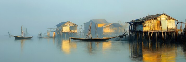 Obraz premium Stilt houses and boats on calm water under a hazy sky.