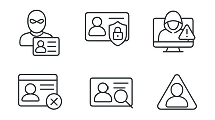Line style icons of cybersecurity and privacy: identity theft icon, stolen data badge, impersonation alert screen, suspicious profile panel, fake account card, fraud detection layout, identity risk