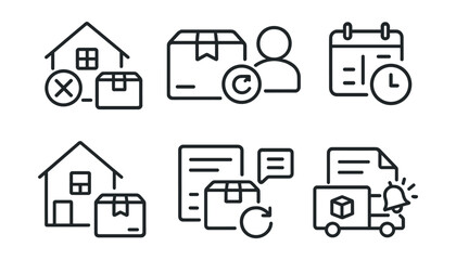 Line style icons of last mile delivery: failed attempt icon, redelivery request badge, missed delivery card, reschedule prompt icon, leave at neighbor option, retry delivery icon, note left icon,
