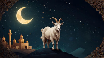 Eid ul Adha, Islamic festival of sacrifice, Eid-Al-Adha beautiful goat style concept with illustration of goat, moon background, happy Eid ul Adha Muslim festivals, Eid Mubarak,generative.ai