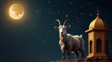 Eid ul Adha, Islamic festival of sacrifice, Eid-Al-Adha beautiful goat style concept with illustration of goat, moon background, happy Eid ul Adha Muslim festivals, Eid Mubarak,generative.ai