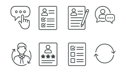 Line style icons of employee onboarding: feedback request icon, first week survey, new hire experience form, anonymous feedback icon, manager follow-up, onboarding feedback stars, response sheet,