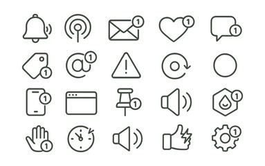 Fototapeta premium Line style icons of notifications and social alerts: notification bell, ping icon, new message alert, like notification, comment alert, tag notification, mention ping, alert badge, real-time update,