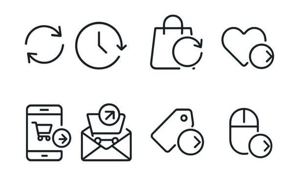 Line style icons of e-commerce journey: re-order icon, reorder from history button, buy again badge, favorite product repeat icon, quick reorder screen, reorder from email, frequent purchase tag,