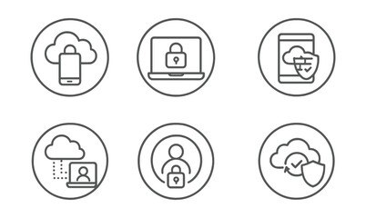 Fototapeta premium Line style icons of cloud security: device security icon, laptop with lock, phone with firewall badge, tablet protected symbol, remote device access control, safe login ring, sync with verification,