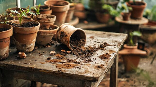 Scattered dirt from a terracotta pot on a weathered wooden table in a greenhouse