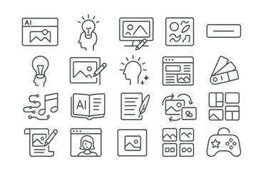 Line style icons of creativity and generative AI: AI-generated image, creative model, text-to-image, generative art icon, prompt box, inspiration feed, auto sketch tool, content ideation, layout by