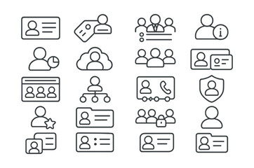 Fototapeta premium Line style icons of personal bios and team profiles: team profile card, bio tag, user skills, team roles icon, about member, contributor icon, cloud team bio, avatar list, project bio, short