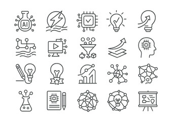 Fototapeta premium Line style icons of innovation and AI breakthroughs: AI lab icon, disruptive tech, smart system badge, idea evolution, research stream, next-gen icon, innovation funnel, experimental engine,