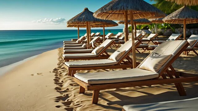 Tropical beach with rows of wooden lounge chairs and thatched umbrellas along sandy shore under clear sky near turquoise ocean waves.