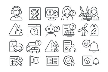 Line style icons of technical support and energy services: customer support headset, maintenance request icon, troubleshooting panel, help ticket badge, energy advisor avatar, real-time issue alert,