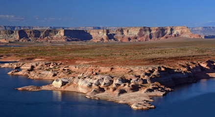 looking out at the spectacular cliffs, mesas, islands, and lake powell from  the wahweap overlook in the glen canyon national recreational area  along us highway 89 near page, in northern arizona