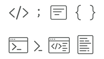Line style icons of coding basics: code brackets, semicolon icon, code block, curly braces, terminal window, console command, code editor, syntax highlighter.