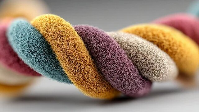 Pastel Colored Twisted Sponge Cord Close-Up Revealing Fine Texture and Interwoven Strands
