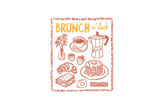 Brunch o'Clock Hand- Hand drawn brunch illustration with coffee, pancakes, croissant, and other breakfast items Illustration 