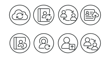 Line style icons of cloud sync: contacts sync icon, address book with sync arrows, linked contacts ring, shared people list, synced phonebook symbol, user sync badge, contact info update, profile