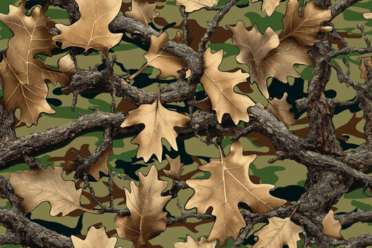 Hyper Realistic Oak Leaves Camouflage Seamless Pattern, Hunting Design with Twigs, Branches, and White Background. Hunting Camo