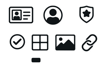 Outline with Fill icon set for freelancer profile: ID card, user face, bio lines, badge icon, verified check, portfolio grid, cover image, profile link.