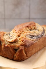 Delicious homemade banana bread on table, closeup