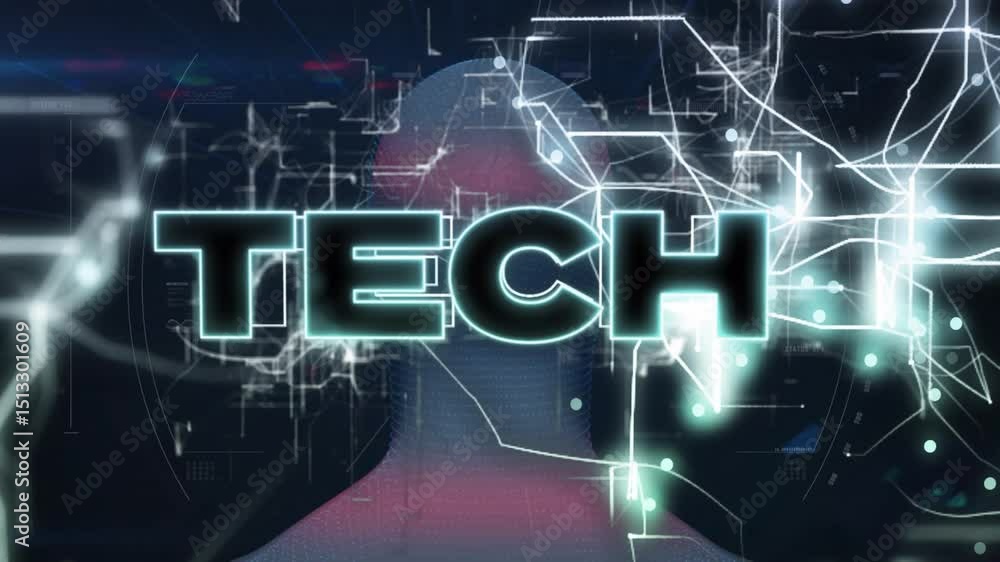 Poster circuits intensifying toward head and tech letters forming, showing data pulsing