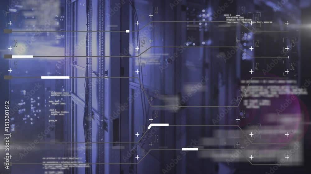 Poster triggered by code fading in, rack with cables sending mapping lines visualizing network connections