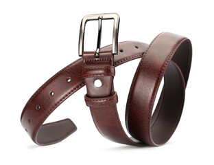 One brown leather belt isolated on white