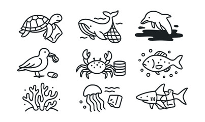 Line style icons of animals suffering from ocean pollution: sea turtle with plastic, whale near net, dolphin in oil spill, seabird with bottle cap, crab near trash, fish in microplastics, seal with