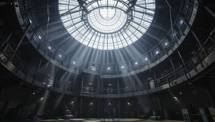large, circular industrial interior with glass dome ceiling allows sunlight to stream in, creating dramatic light beams. space is empty, with metal railings and central open area