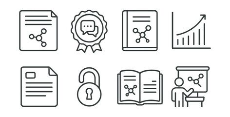 Line style icons of scientific publications: research paper, peer review badge, publication in journal, citation chart, bibliography file, open access icon, academic report, science conference symbol